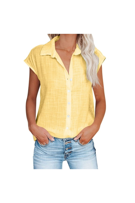 Linen Shirts for Women Button down Short Cap Sleeve Blouse Loose Comfy Fitted V Neck Collared Casual Basic Shirts for Work (Large, Yellow 49)