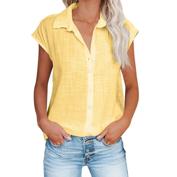 Linen Shirts for Women Button down Short Cap Sleeve Blouse Loose Comfy Fitted V Neck Collared Causal Basic Shirts for Work (X-Large, Yellow 49)