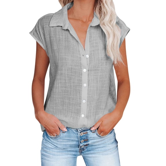 Linen Shirts for Women Button down Short Cap Sleeve Blouse Loose Comfy Fitted V Neck Collared Casual Basic Shirts for Work (XX-Large, Gray 49)