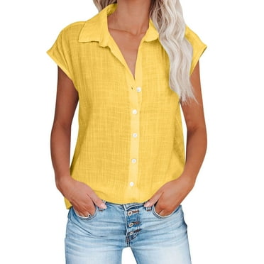 Linen Shirts for Women Button down Short Cap Sleeve Blouse Loose Comfy Fitted V Neck Collared Causal Basic Shirts for Work