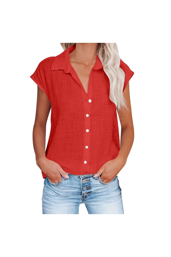 Linen Shirts for Women Button down Short Cap Sleeve Blouse Loose Comfy Fitted V Neck Collared Casual Basic Shirts for Work