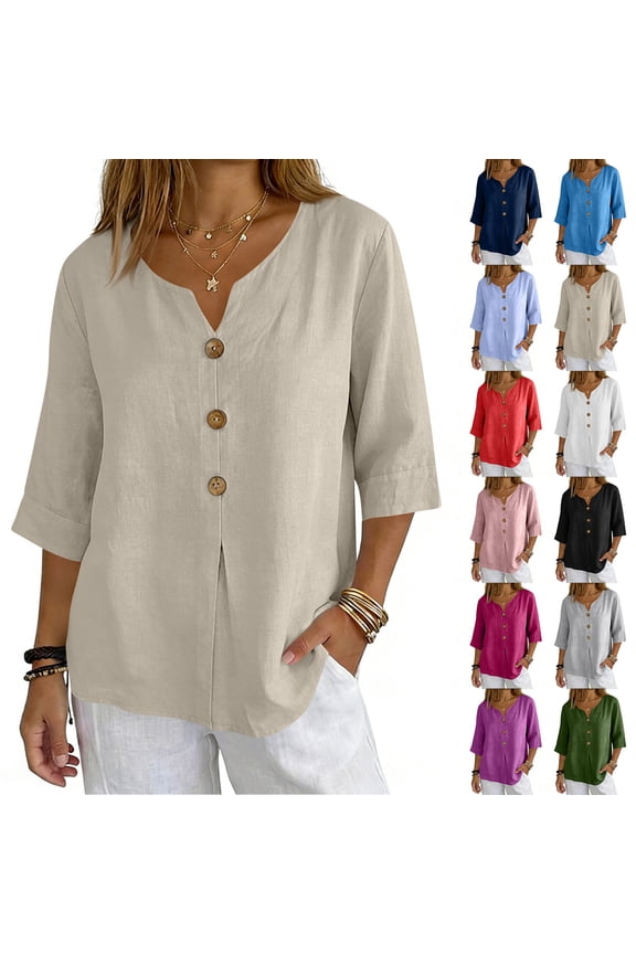 Linen Shirts for Women Casual Button Down V Neck 3/4 Sleeve Tops Flowy Boho Peasant Blouses Fancy Summer Clothes Hot Pink S
