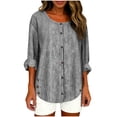 thumbnail image 1 of Linen Shirts for Women Casual Loose Fit Long Sleeve Tunic Tops Crew Neck Button Down Striped Printed Summer Tee, 1 of 6