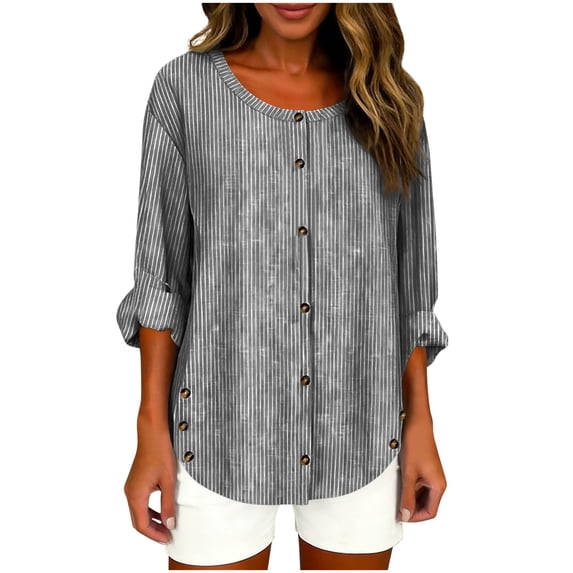 Linen Shirts for Women Casual Loose Fit Long Sleeve Tunic Tops Crew Neck Button Down Striped Printed Summer Tee