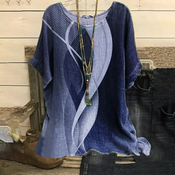 Linen Shirts for Women, Casual Loose Geometric Print Round Neck Top, Blue S