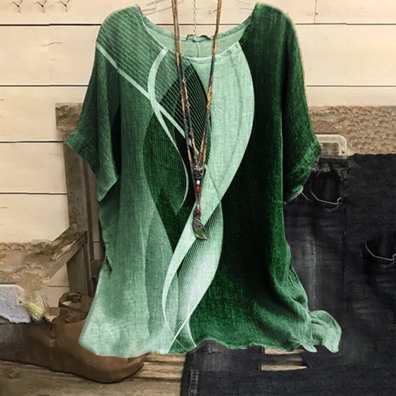 Linen Shirts for Women, Casual Loose Geometric Print Round Neck Top, Green 3XL