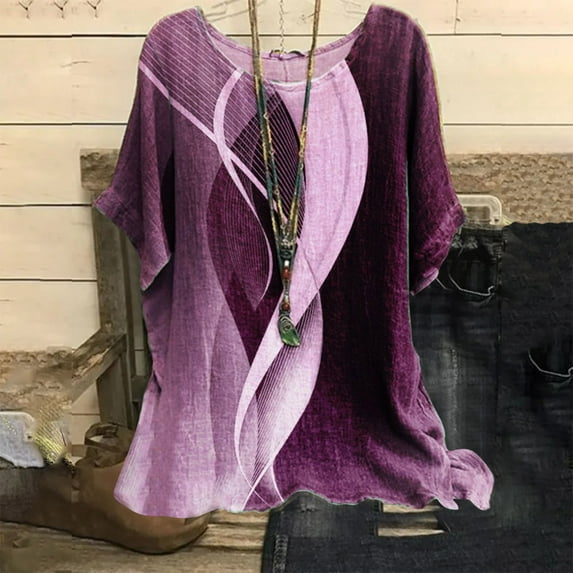 Linen Shirts for Women, Casual Loose Geometric Print Round Neck Top, Purple XXL