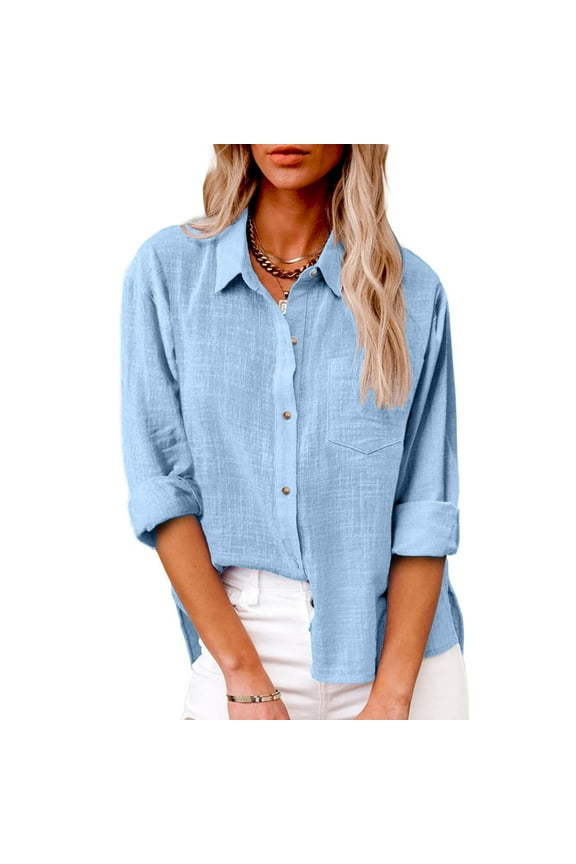 Linen Shirts for Women Long Sleeve Lapel Button Down Blouse Lightweight Gauze Loose Casual Fashion Shirt Clothes