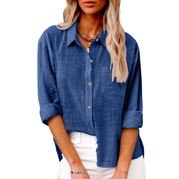 Linen Shirts for Women Long Sleeve Lapel Button Down Blouse Lightweight Gauze Loose Casual Fashion Shirt Clothes