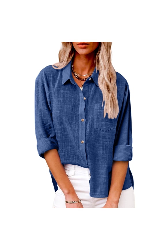 Linen Shirts for Women Long Sleeve Lapel Button Down Blouse Lightweight Gauze Loose Casual Fashion Shirt Clothes