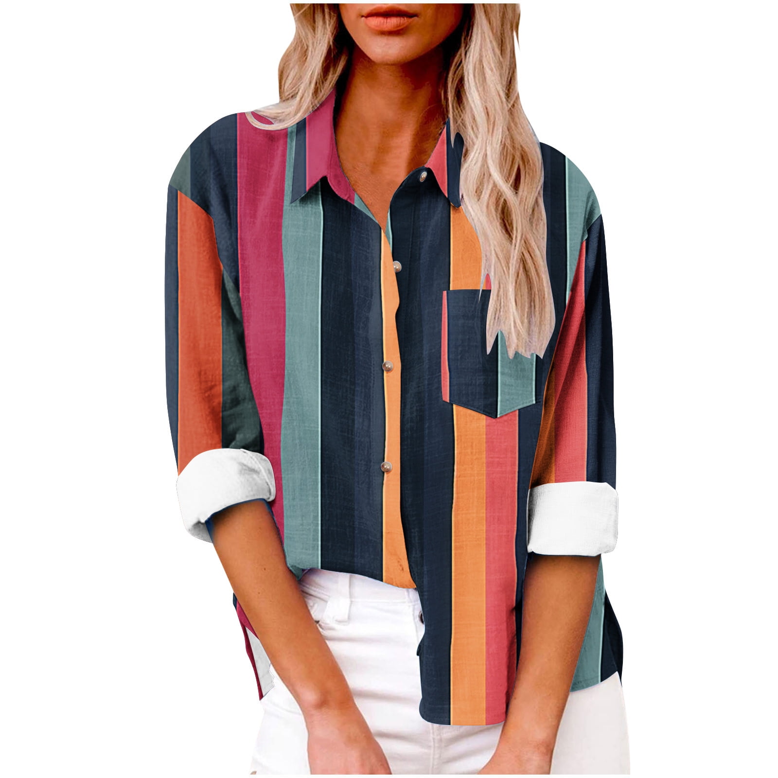 Linen Shirts for Women Summer Long Sleeve Lapel Button Down Blouse ...