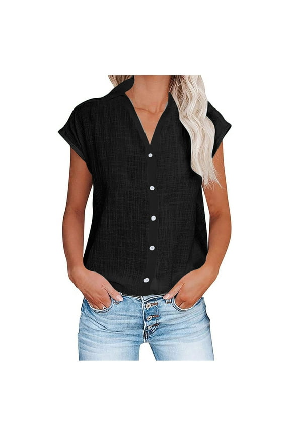 Linen Shirts for Women Cotton Linen V Neck Blouse Short Sleeve Button Down Blouse Short Sleeve Button Down Blouse Tops Black L