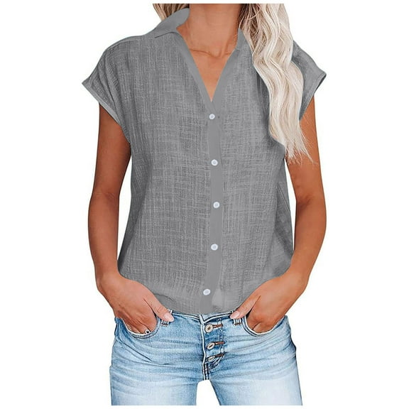 Linen Shirts for Women Cotton Linen V Neck Blouse Short Sleeve Button Down Blouse Short Sleeve Button Down Blouse Tops Gray L