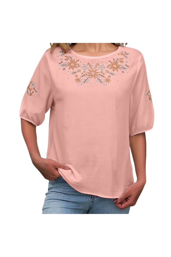 Linen Shirts for Women Cotton Linen V Neck Retro Embroidered Loose Summer Tops