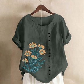 Linen Shirts for Women Crew Neck Short Sleeve Floral Graphic Tees Casual Loose Fit Buttons Breathable Boho Summer Vacation Tunic Tops