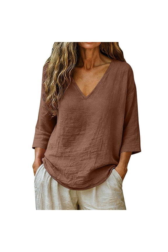 Linen Shirts for Women Cute Summer Tunic V Neck 3/4 Sleeve Plain Tops Loose Casual Fit Flowy Boho Vacation Beach Gauze Shirts by Awwp Coffee 3Xl