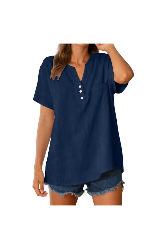 Linen Shirts for Women Flax Linen Clothing Cotton Linen Blouses Button Down Shirts Hemp Clothes Womens Gauze Tops 2026 (Navy, S)