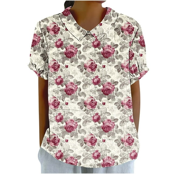 Linen Shirts for Women Floral Lightweight Short Sleeve Tunic Tshirts Cute Tops Business Work Casual Blouses