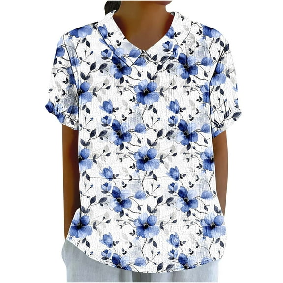 Linen Shirts for Women Floral Lightweight Short Sleeve Tunic Tshirts Cute Tops Business Work Casual Blouses