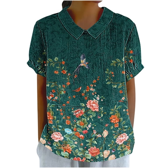 Linen Shirts for Women Floral Lightweight Short Sleeve Tunic Tshirts Cute Tops Business Work Casual Blouses