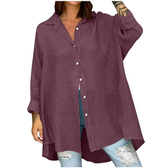 Linen Shirts for Women Long Sleeve Button Down Tunic Tops Solid Color Casual Blouses Oversized Loose Fit Tshirt Top
