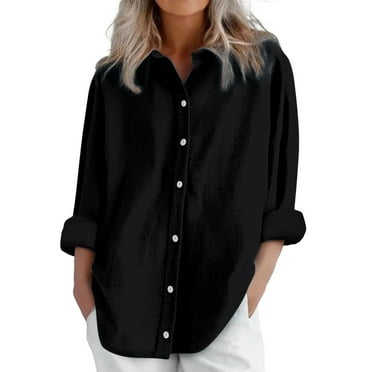 Linen Shirts for Women Long Sleeve Button Up Shirts Loose Fit Dressy Casual Blouses Spring Summer Tops Black