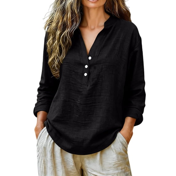 Linen Shirts for Women Long Sleeve V Neck Pullover Tops Button Down T Shirt Casual Fall Blouses
