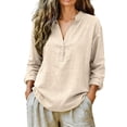 thumbnail image 1 of Linen Shirts for Women Long Sleeve V Neck Pullover Tops Button Down T Shirt Casual Fall Blouses, 1 of 4