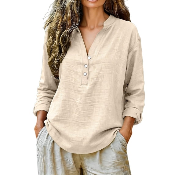 Linen Shirts for Women Long Sleeve V Neck Pullover Tops Button Down T Shirt Casual Fall Blouses
