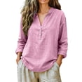 thumbnail image 1 of Linen Shirts for Women Long Sleeve V Neck Pullover Tops Button Down T Shirt Casual Fall Blouses, 1 of 3
