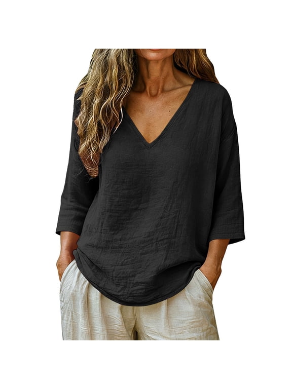 Linen Shirts for Women,Peasant Blouses Trendy Clothes Loose Dressy Beach Tunic Tunic Blouses V Neck Loose Fit Cotton Boho Casual Solid Color