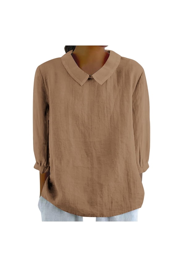 Linen Shirts for Women Peter Pan Collar Long Sleeve Blouse Button Keyhole Back Casual T Shirt Summer Fall Tops Trendy