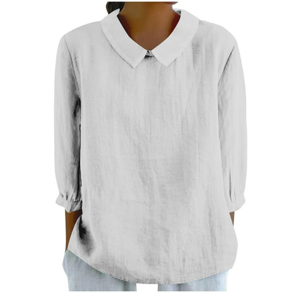 Linen Shirts for Women Peter Pan Collar Long Sleeve Blouse Button Keyhole Back Casual T Shirt Summer Fall Tops Trendy
