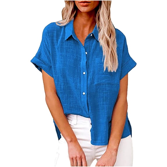 Linen Shirts for Women Plus Size 2024 Short Sleeve Summer Button Down Shirts Plain Dressy Casual V-Neck Collared Tops Blouses with Pockets