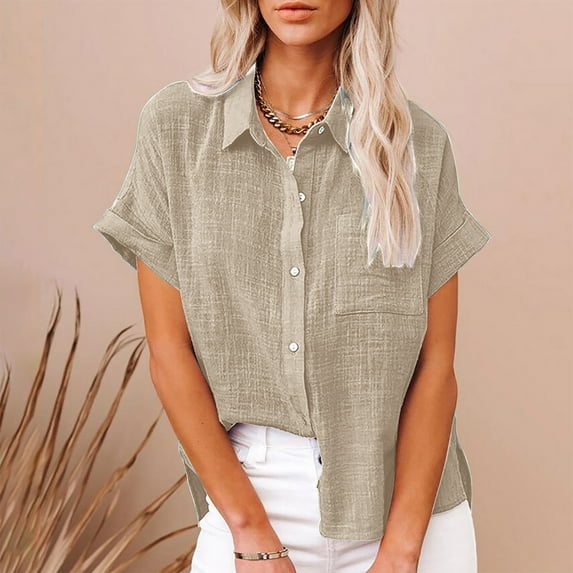 Linen Shirts for Women Plus Size 2024 Short Sleeve Summer Button Down Shirts Plain Dressy Casual V-Neck Collared Tops Blouses with Pockets