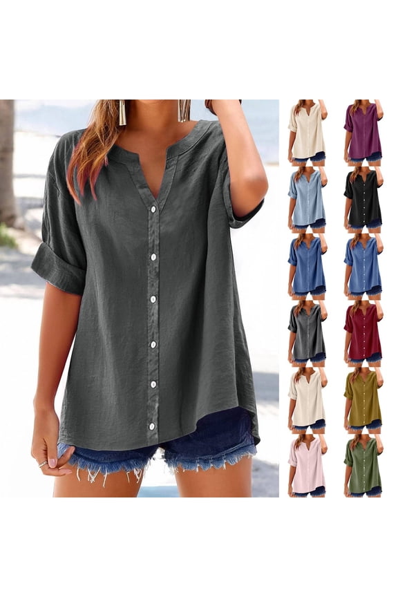 Linen Shirts for Women Plus Size 3/4 Sleeve Button Down Blouses 2026 Summer Casual Loose Comfy Cotton Gauze Tops Dark Gray S