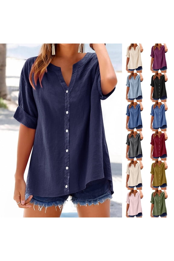 Linen Shirts for Women Plus Size 3/4 Sleeve Button Down Blouses 2026 Summer Casual Loose Comfy Cotton Gauze Tops Navy S