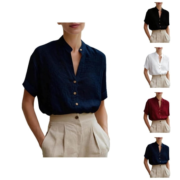 Linen Shirts for Women Short Sleeve Band Collar V Neck Button Up Summer Blouses Business Casual Office Work Shirts
