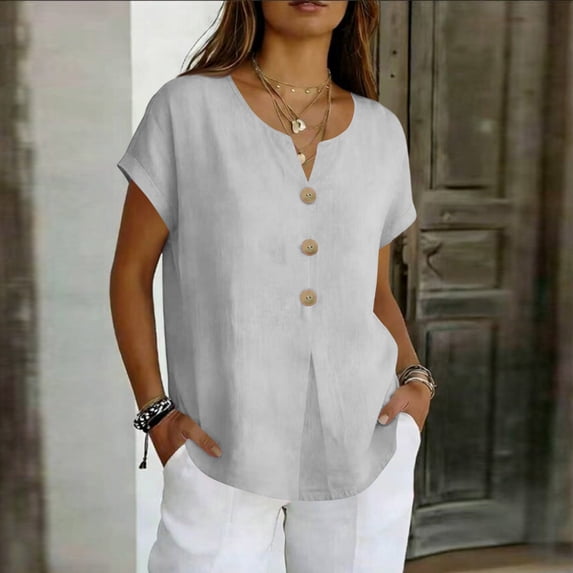 Linen Shirts for Women Short Sleeve V Neck Button Down Loose Gauze Blouses, 2XL