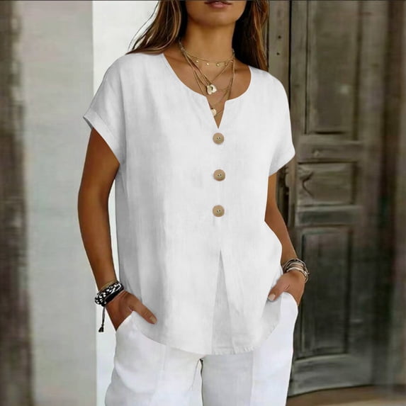 Linen Shirts for Women Short Sleeve V Neck Button Down Loose Gauze Blouses, 2XL