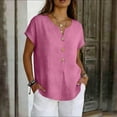 thumbnail image 1 of Linen Shirts for Women Short Sleeve V Neck Button Down Loose Gauze Blouses, 2XL, 1 of 7