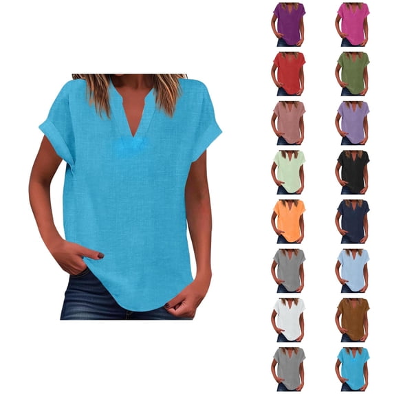 Linen Shirts for Women Short Sleeve V Neck Loose Fit Casual Plain T Shirts Summer Lightweight Tees