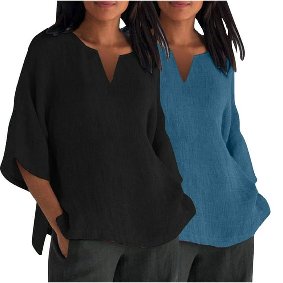 Linen Shirts for Women Solid Color Basic 3/4 Sleeve Tops 2025 Summer Casual Blouses Ladies Fashion Vacation Tunic