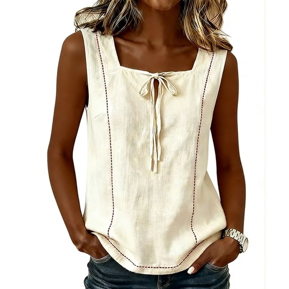 Linen Shirts for Women Square Neck Sleeveless Tops with Tie Breathable Crinkled Summer Tank Tops Beige 2XL