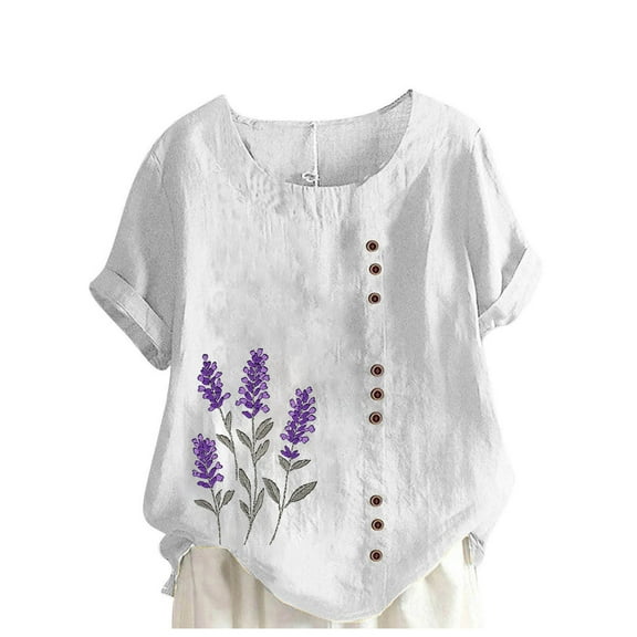 Linen Shirts for Women Summer 2025 Cotton Linen Short Sleeve Tops Loose Vacation Beach Floral Blouses Tunic Women Blouses Under $10 White-XL