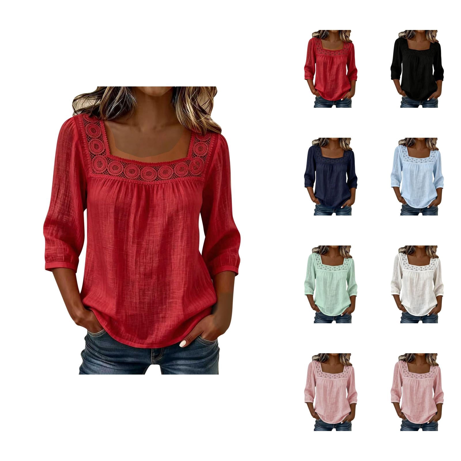 Linen Shirts for Women Summer 3/4 Sleeve Square Neck Lace Trim Loose ...