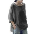 thumbnail image 1 of Linen Shirts for Women Summer Bat 3/21 Sleeves Baggy Loose Tops Round Neck Plain Tshirts Plus Size Casual T Shirt, 1 of 3