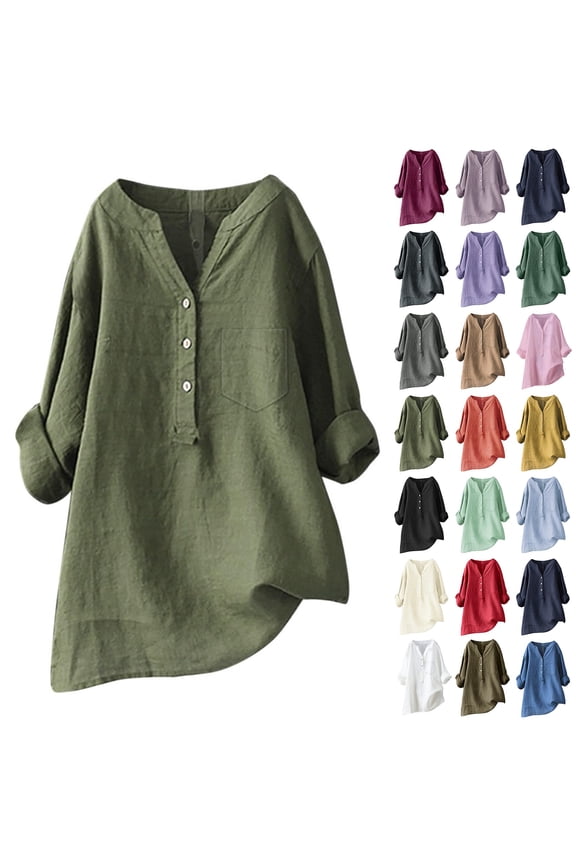 Linen Shirts for Women Summer Beach Long Sleeve V Neck Button Tops Dressy Casual Tunic Loose Blouse 2026 Pink S