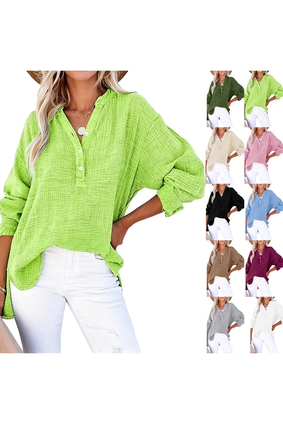 Linen Shirts for Women Summer Button Down Long Sleeve Gauze Tops Plus Size Trendy Casual Blouses (S,Light Green)