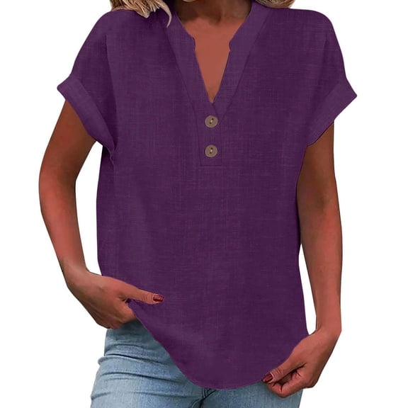 Linen Shirts for Women,Summer Button Tunic Tops Short Sleeve V Neck Casual Shirt Solid Loose Fit Blouses Purple 3XL